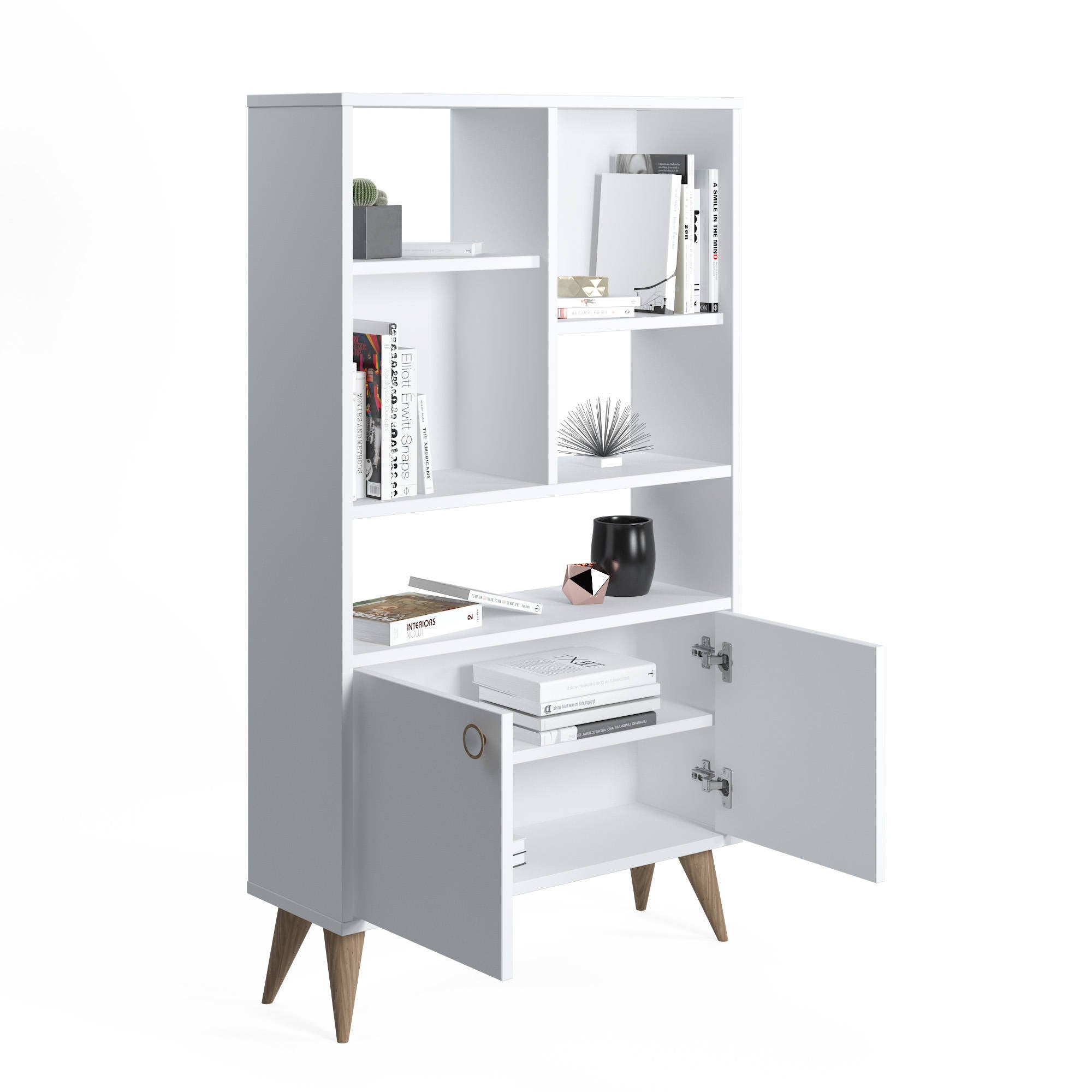 Libreria con due ante battenti e cinque scomparti 0, cm 75 x 25 x 131, colore bianco