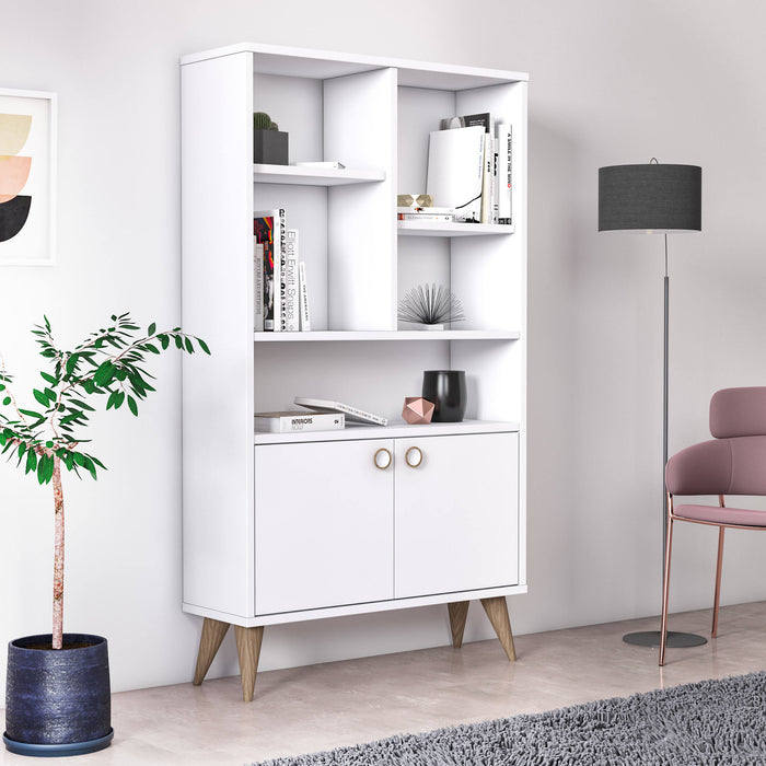 Libreria con due ante battenti e cinque scomparti 0, cm 75 x 25 x 131, colore bianco