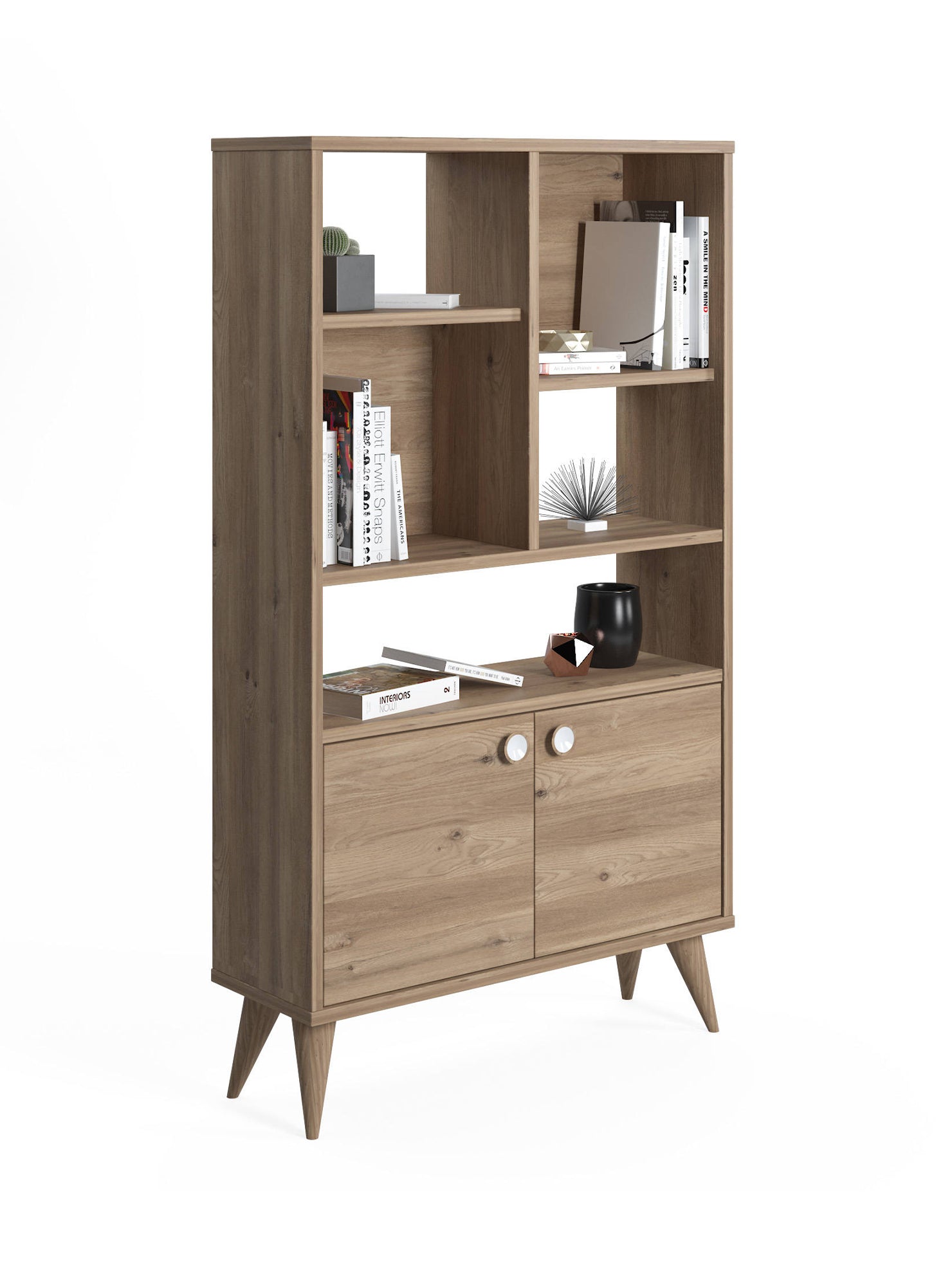 Libreria con due ante battenti e cinque scomparti 0, cm 75 x 25 x 131, colore quercia