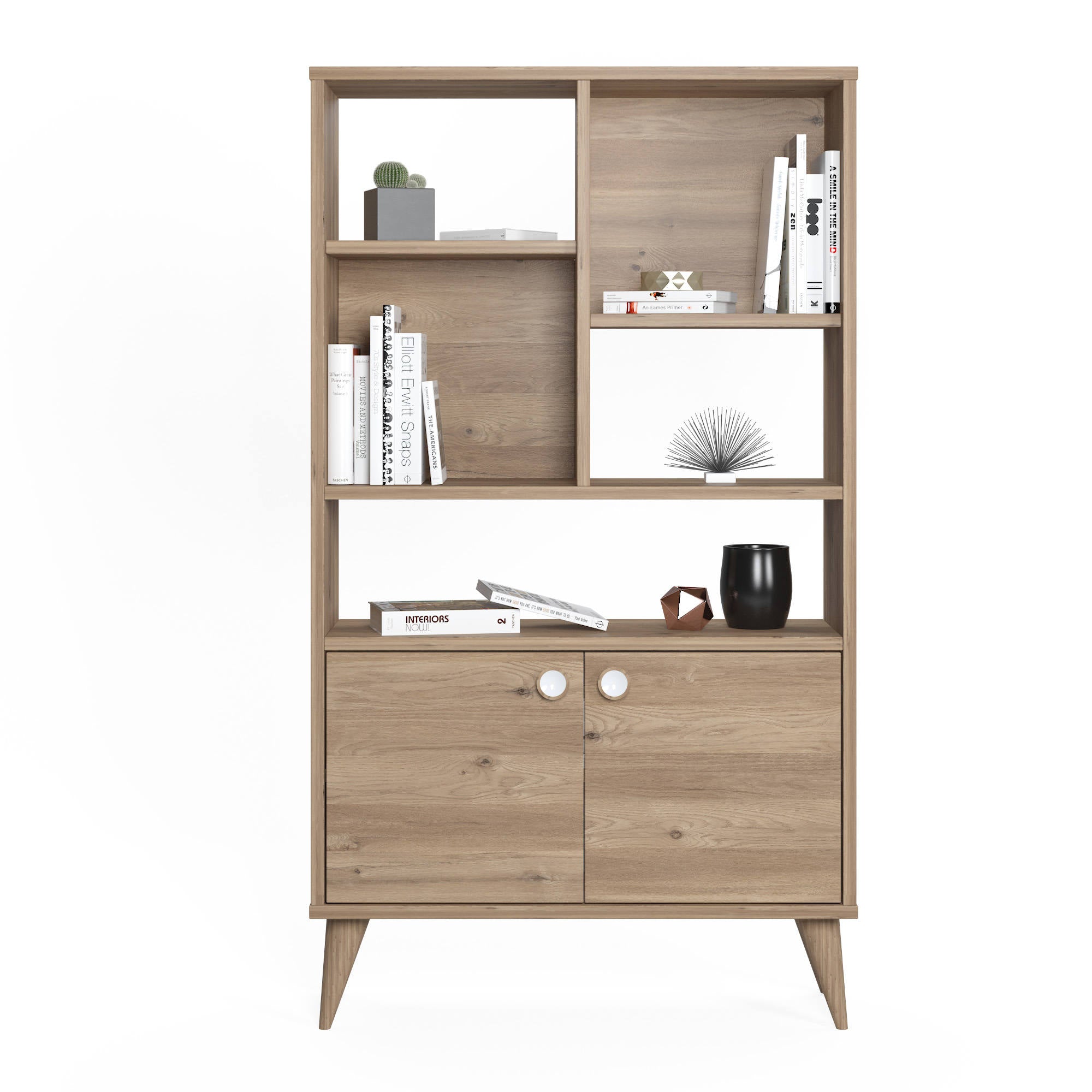 Libreria con due ante battenti e cinque scomparti 0, cm 75 x 25 x 131, colore quercia