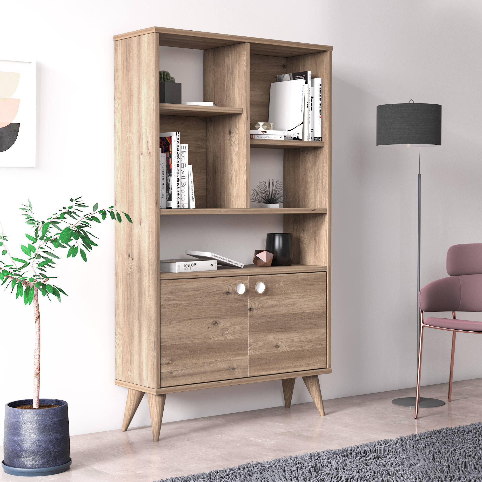 Libreria con due ante battenti e cinque scomparti 0, cm 75 x 25 x 131, colore quercia