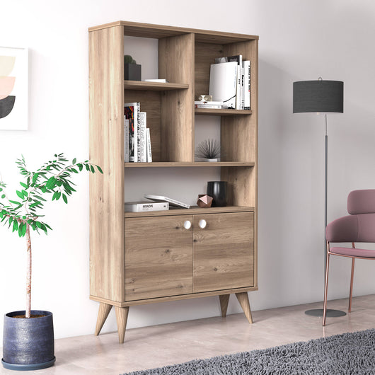 Libreria con due ante battenti e cinque scomparti 0, cm 75 x 25 x 131, colore quercia