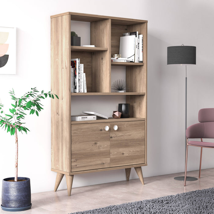 Libreria con due ante battenti e cinque scomparti 0, cm 75 x 25 x 131, colore quercia