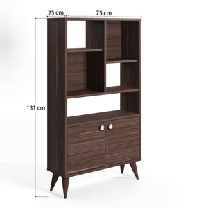 Libreria con due ante battenti e cinque scomparti 0, cm 75 x 25 x 131, colore noce