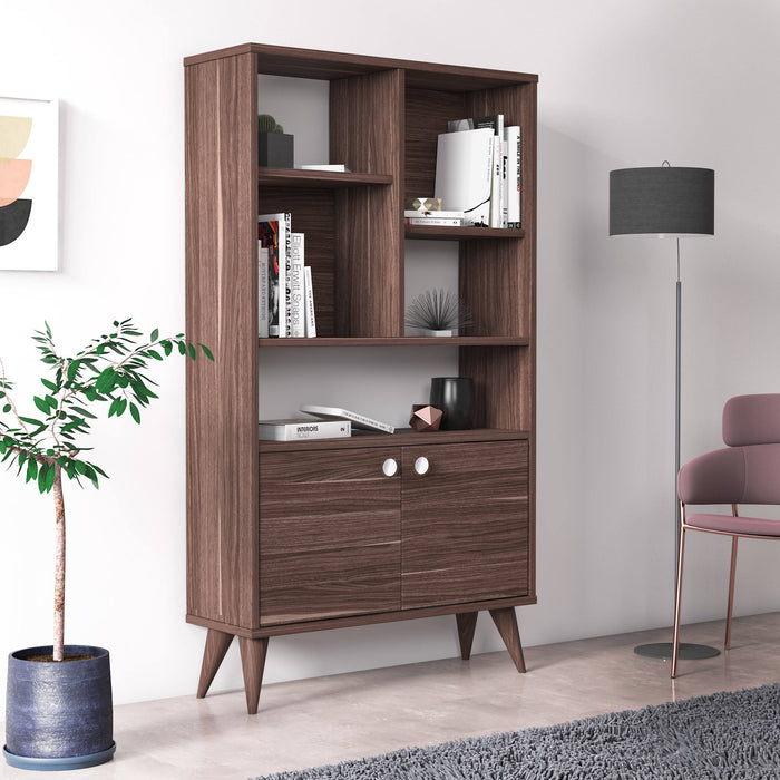 Libreria con due ante battenti e cinque scomparti 0, cm 75 x 25 x 131, colore noce