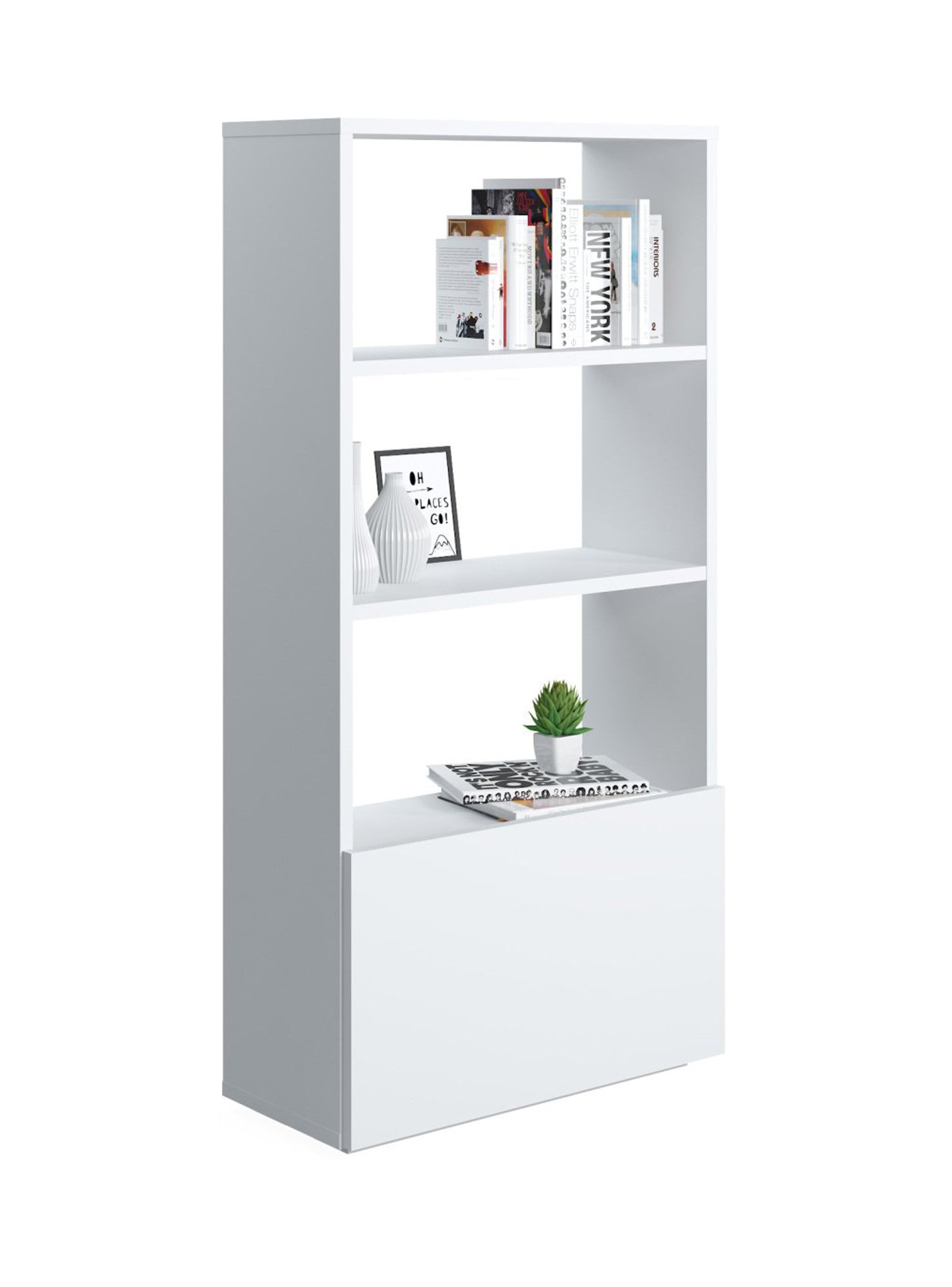 Libreria sviluppata in altezza con tre scomparti e un'anta 0, cm 60 x 27 x 112, colore bianco