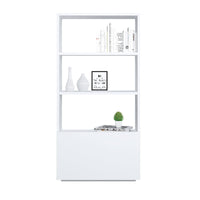 Libreria sviluppata in altezza con tre scomparti e un'anta 0, cm 60 x 27 x 112, colore bianco