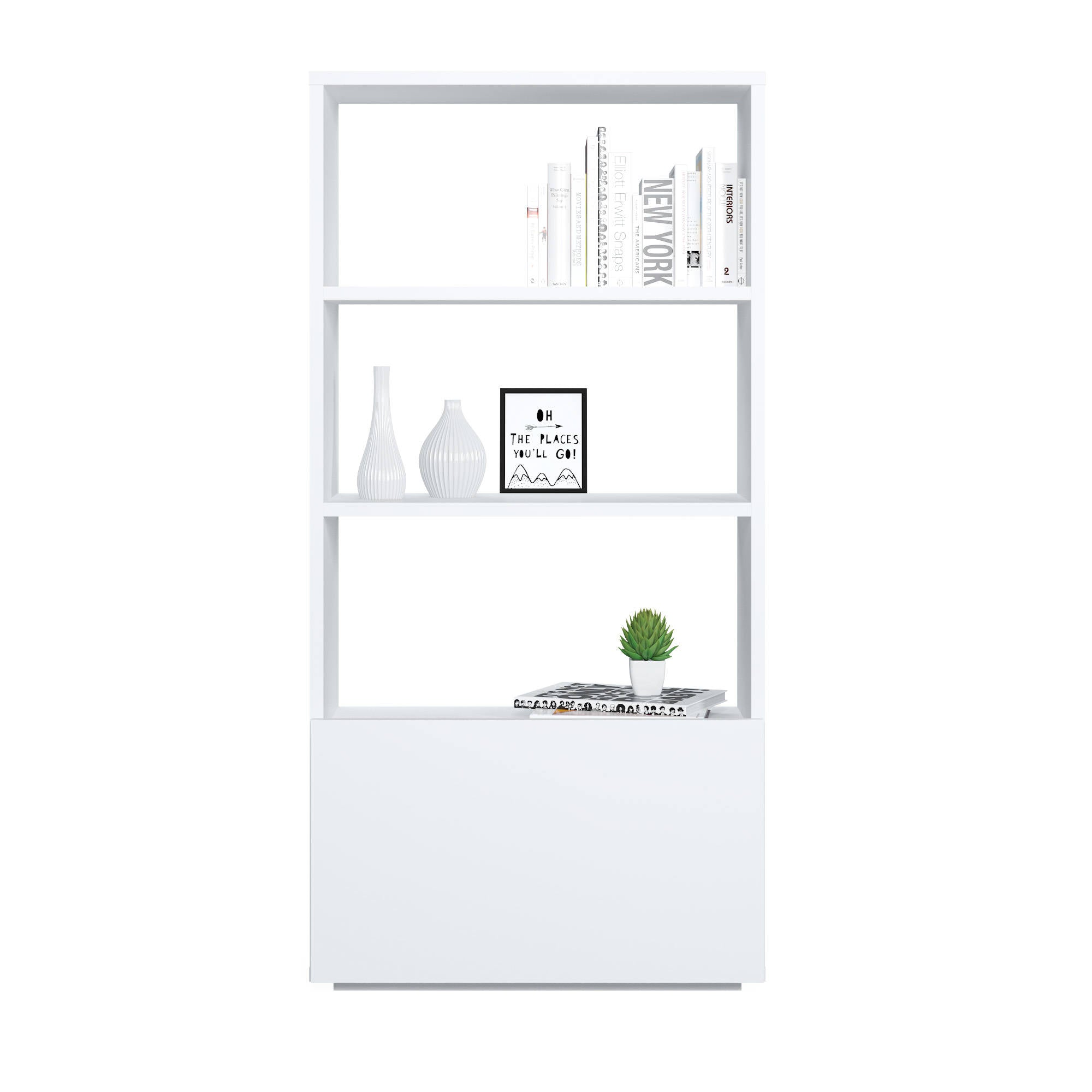 Libreria sviluppata in altezza con tre scomparti e un'anta 0, cm 60 x 27 x 112, colore bianco