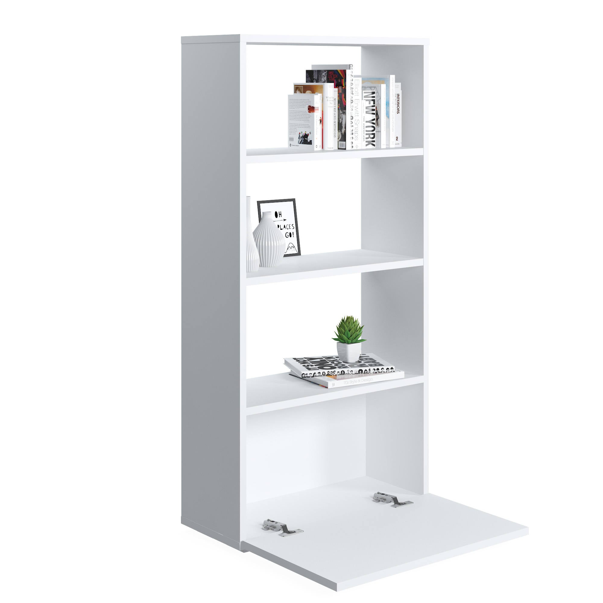 Libreria sviluppata in altezza con tre scomparti e un'anta 0, cm 60 x 27 x 112, colore bianco