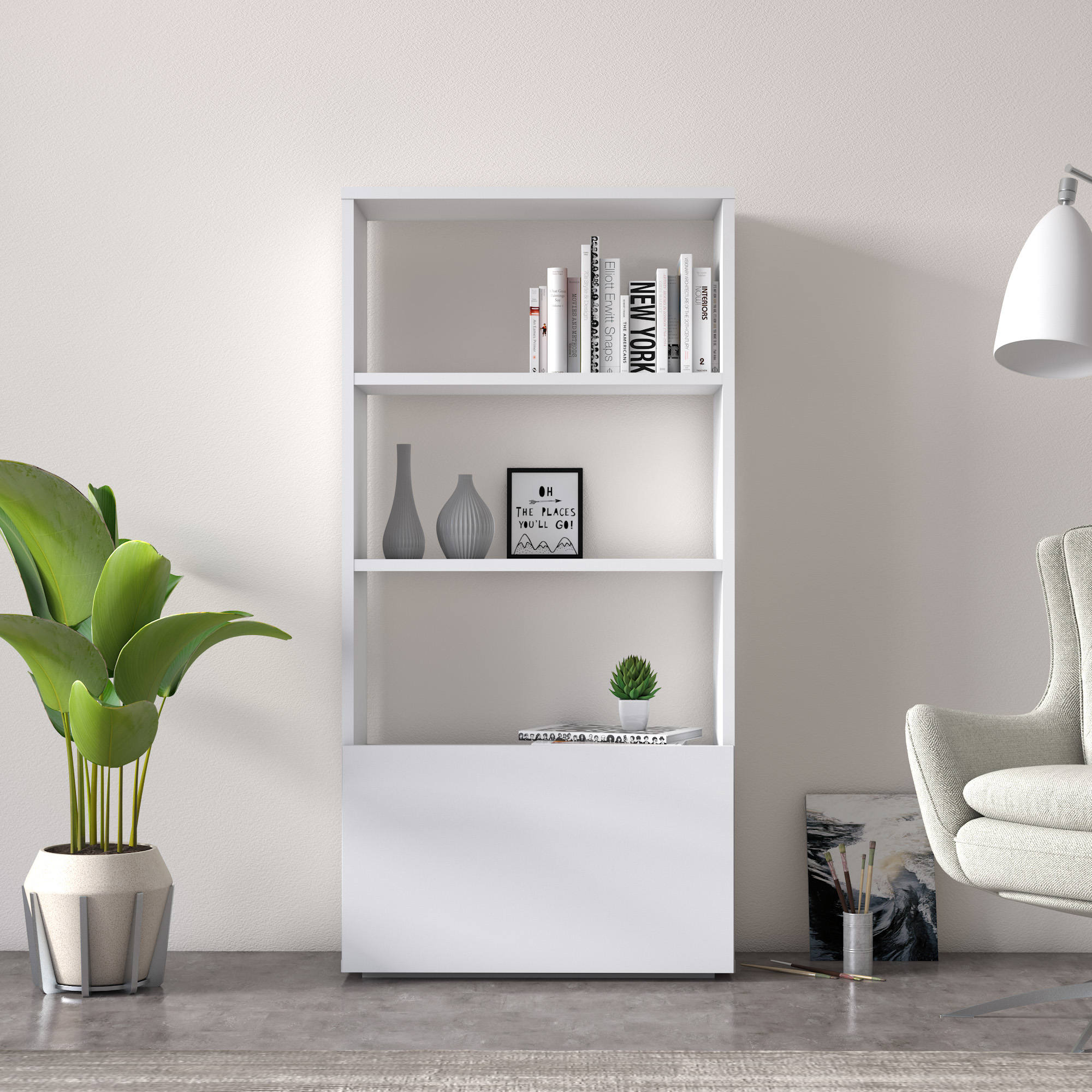 Libreria sviluppata in altezza con tre scomparti e un'anta 0, cm 60 x 27 x 112, colore bianco