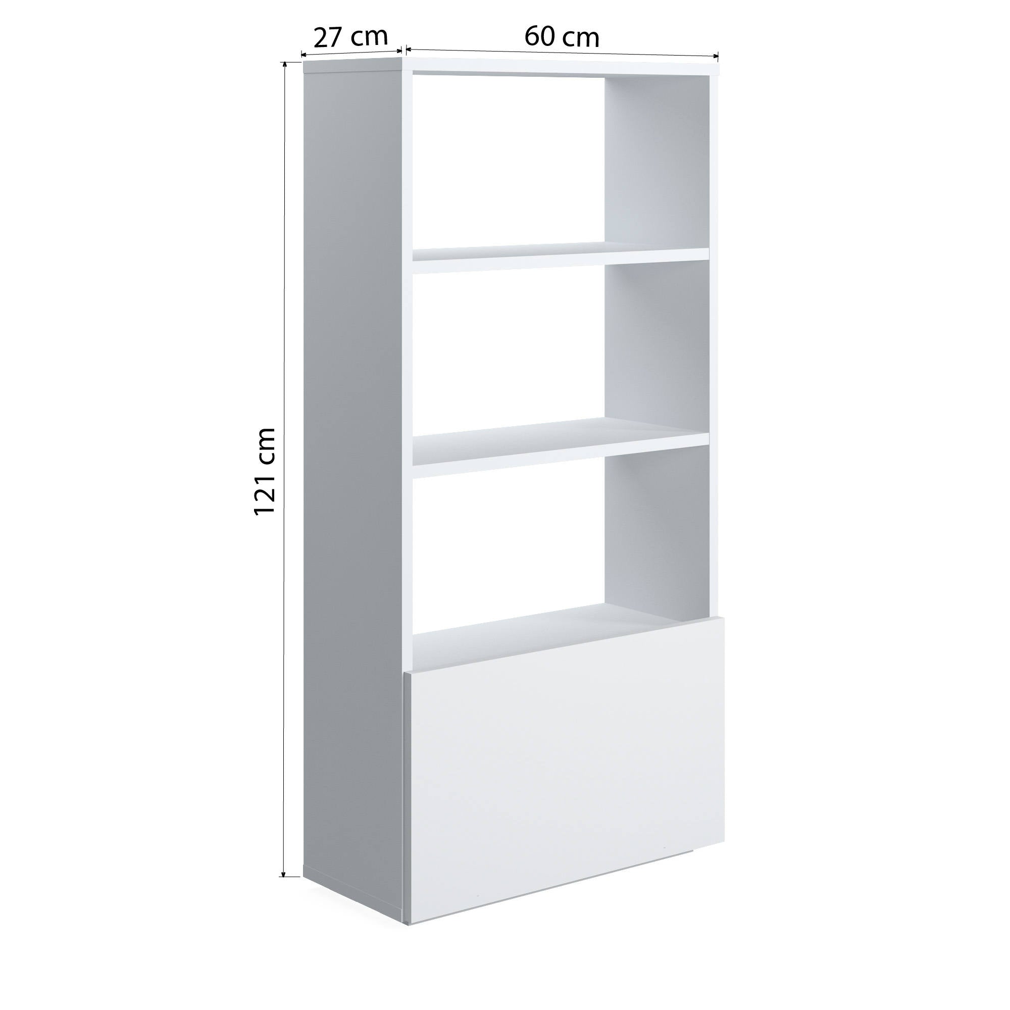 Libreria sviluppata in altezza con tre scomparti e un'anta 0, cm 60 x 27 x 112, colore bianco