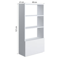 Libreria sviluppata in altezza con tre scomparti e un'anta 0, cm 60 x 27 x 112, colore bianco