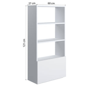 Libreria sviluppata in altezza con tre scomparti e un'anta 0, cm 60 x 27 x 112, colore bianco