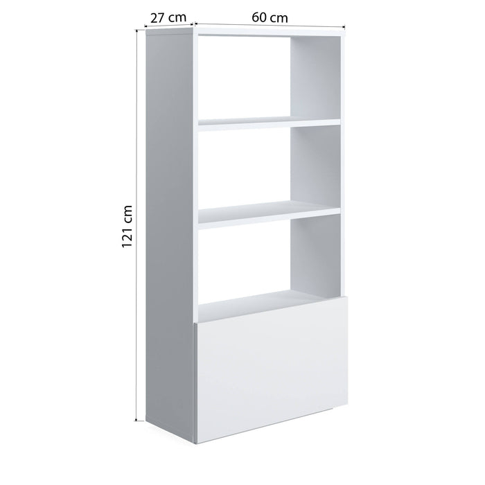 Libreria sviluppata in altezza con tre scomparti e un'anta 0, cm 60 x 27 x 112, colore bianco