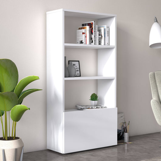 Libreria sviluppata in altezza con tre scomparti e un'anta 0, cm 60 x 27 x 112, colore bianco