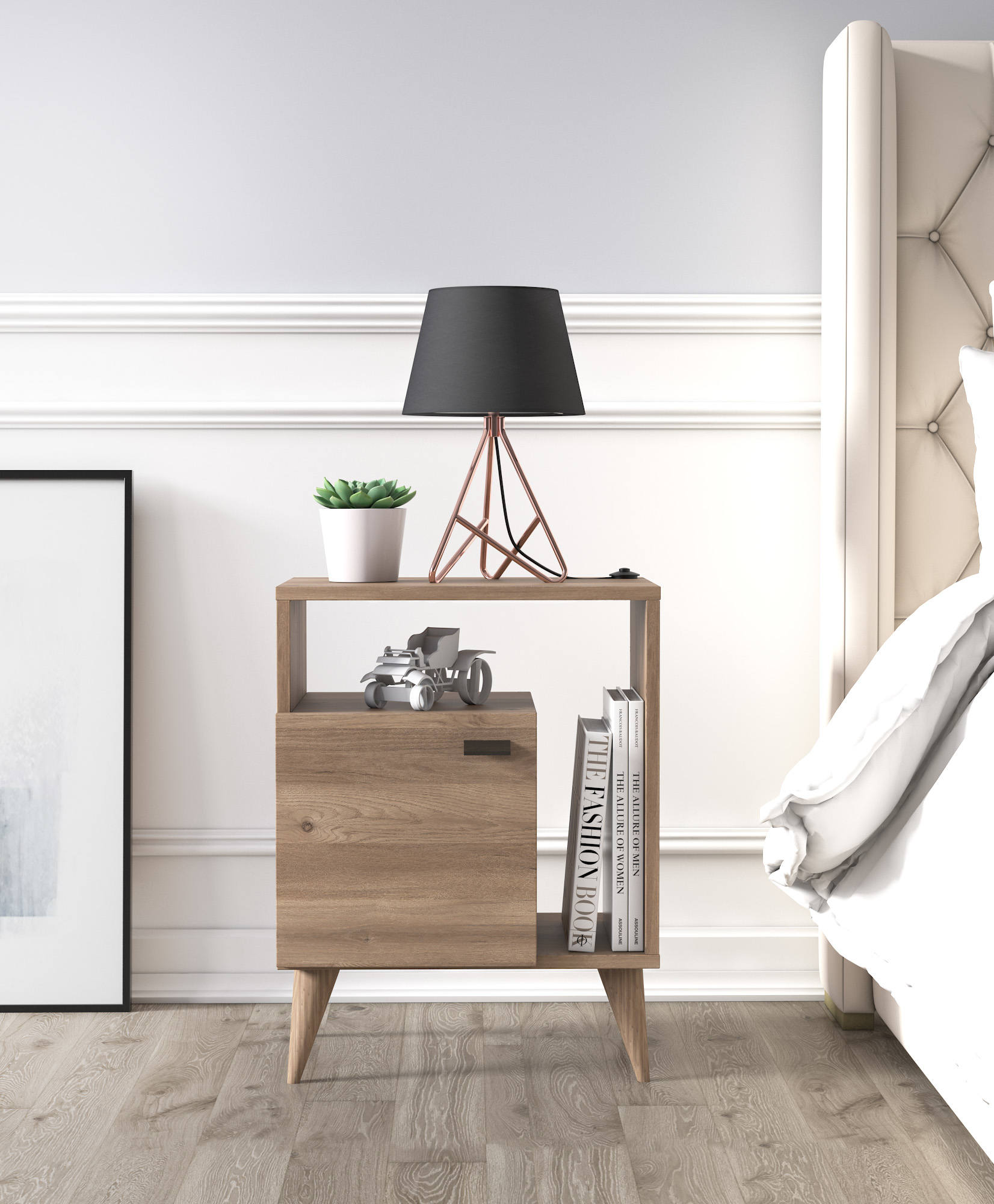 Comodino con anta 0, cm 50 x 37 x 65, colore quercia