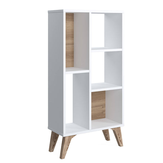 Libreria essenziale con cinque scomparti aperti di diverse 0, cm 55 x 25 x 106, colore bianco con dettaglio noce