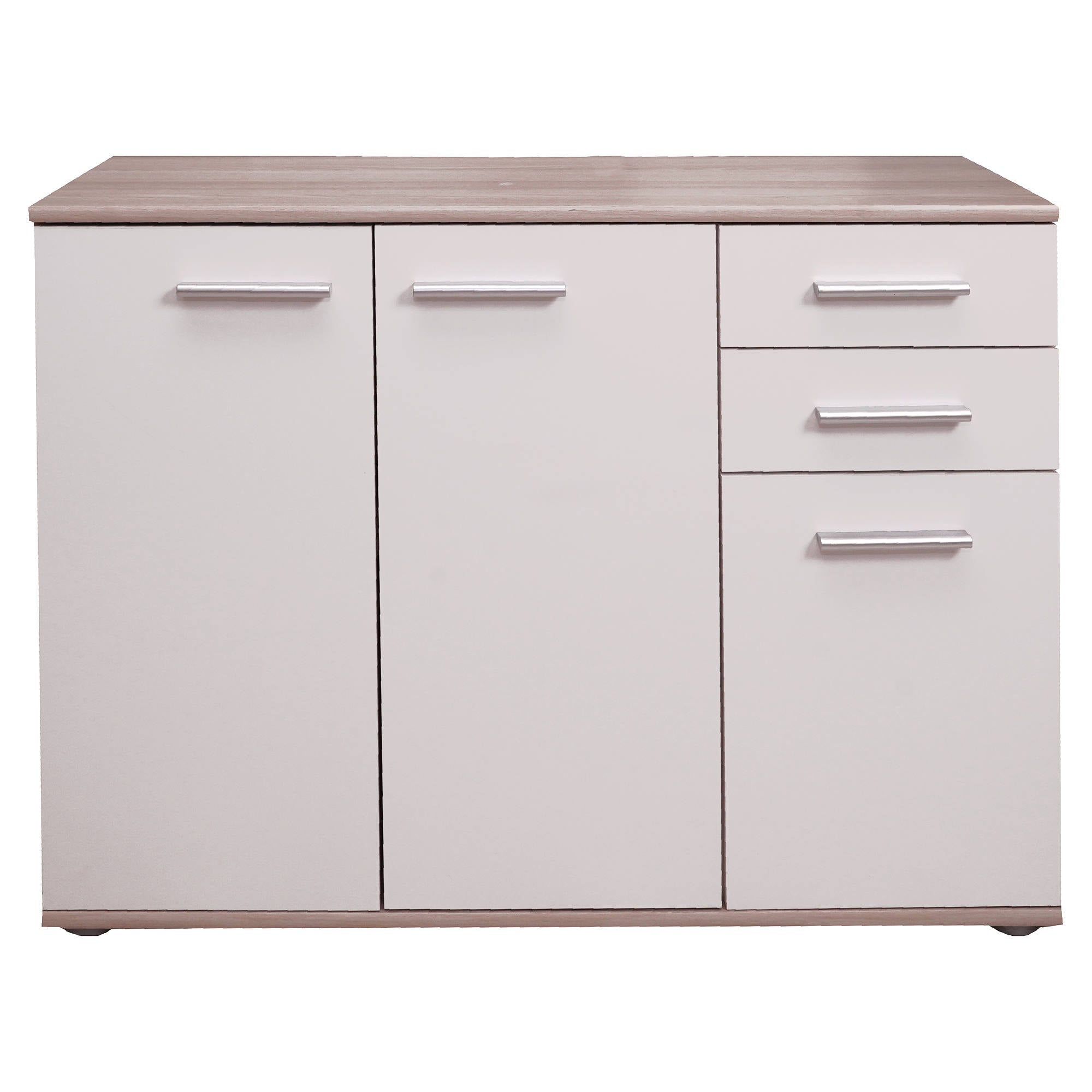 Credenza 0, Buffet moderno a 3 ante e 2 cassetti, Madia lineare con ripiani, Cm 103x35h70, Bianco e Rovere