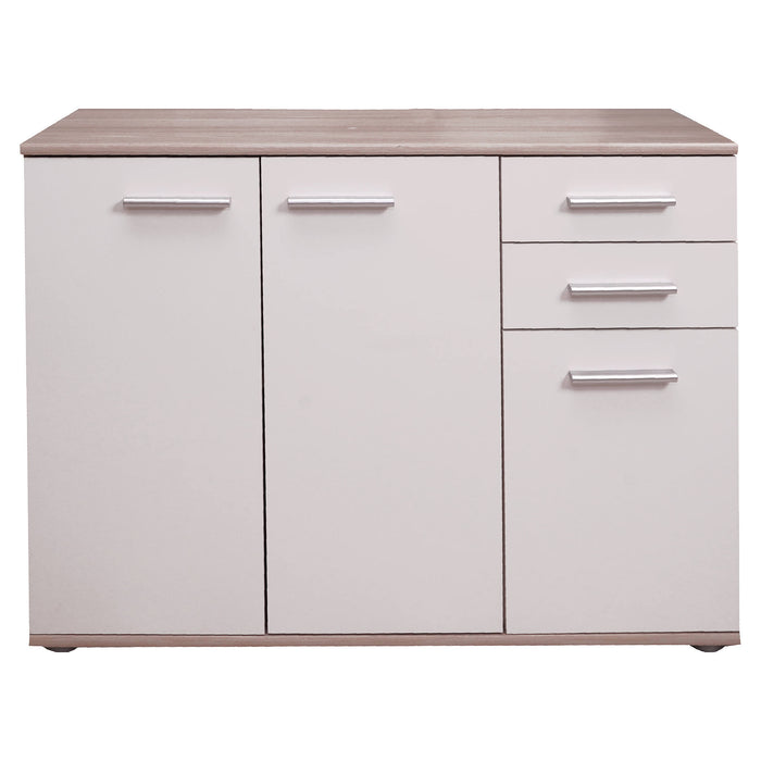 Credenza 0, Buffet moderno a 3 ante e 2 cassetti, Madia lineare con ripiani, Cm 103x35h70, Bianco e Rovere