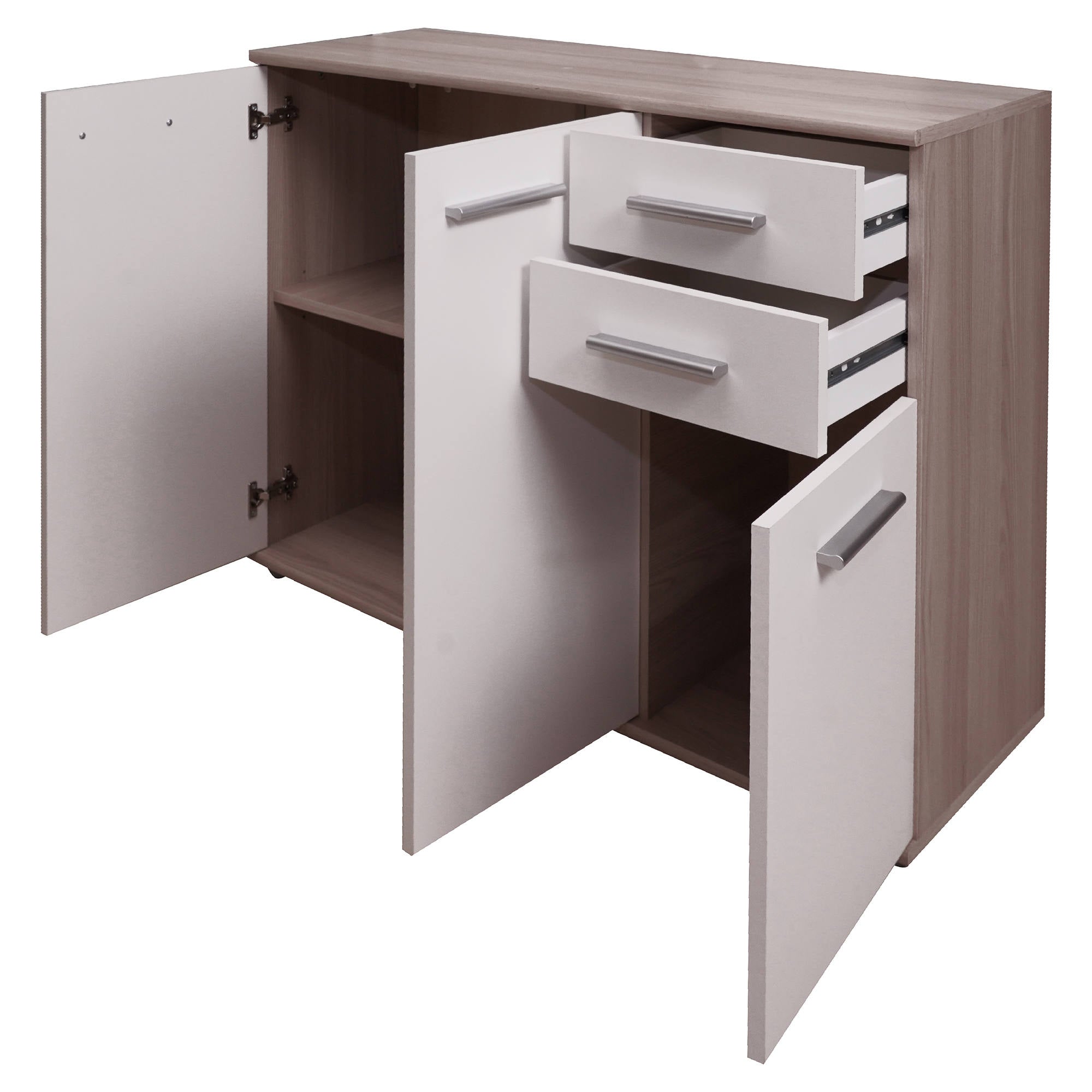 Credenza 0, Buffet moderno a 3 ante e 2 cassetti, Madia lineare con ripiani, Cm 103x35h70, Bianco e Rovere