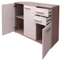 Credenza 0, Buffet moderno a 3 ante e 2 cassetti, Madia lineare con ripiani, Cm 103x35h70, Bianco e Rovere