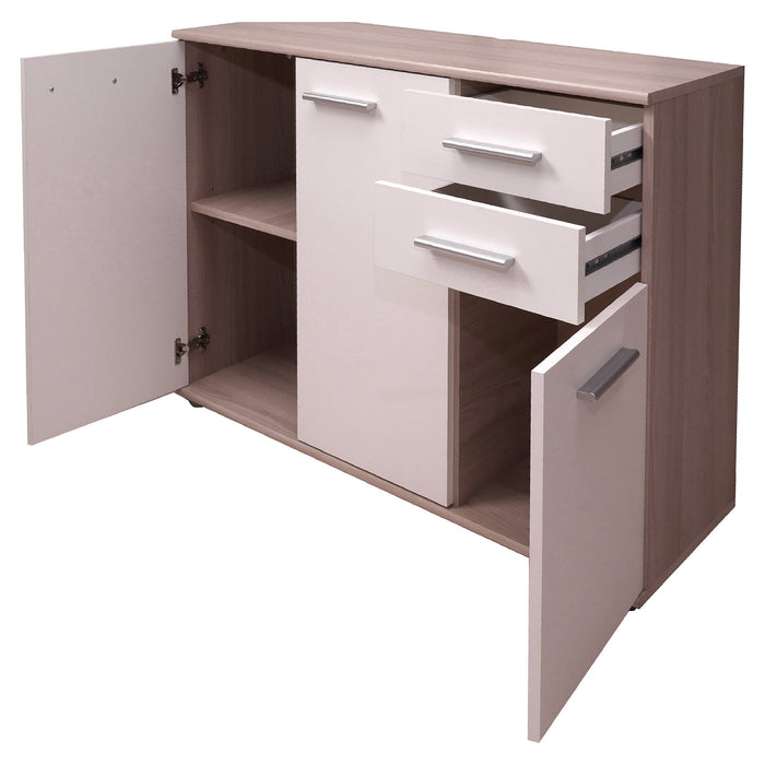 Credenza 0, Buffet moderno a 3 ante e 2 cassetti, Madia lineare con ripiani, Cm 103x35h70, Bianco e Rovere