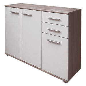 Credenza 0, Buffet moderno a 3 ante e 2 cassetti, Madia lineare con ripiani, Cm 103x35h70, Bianco e Rovere