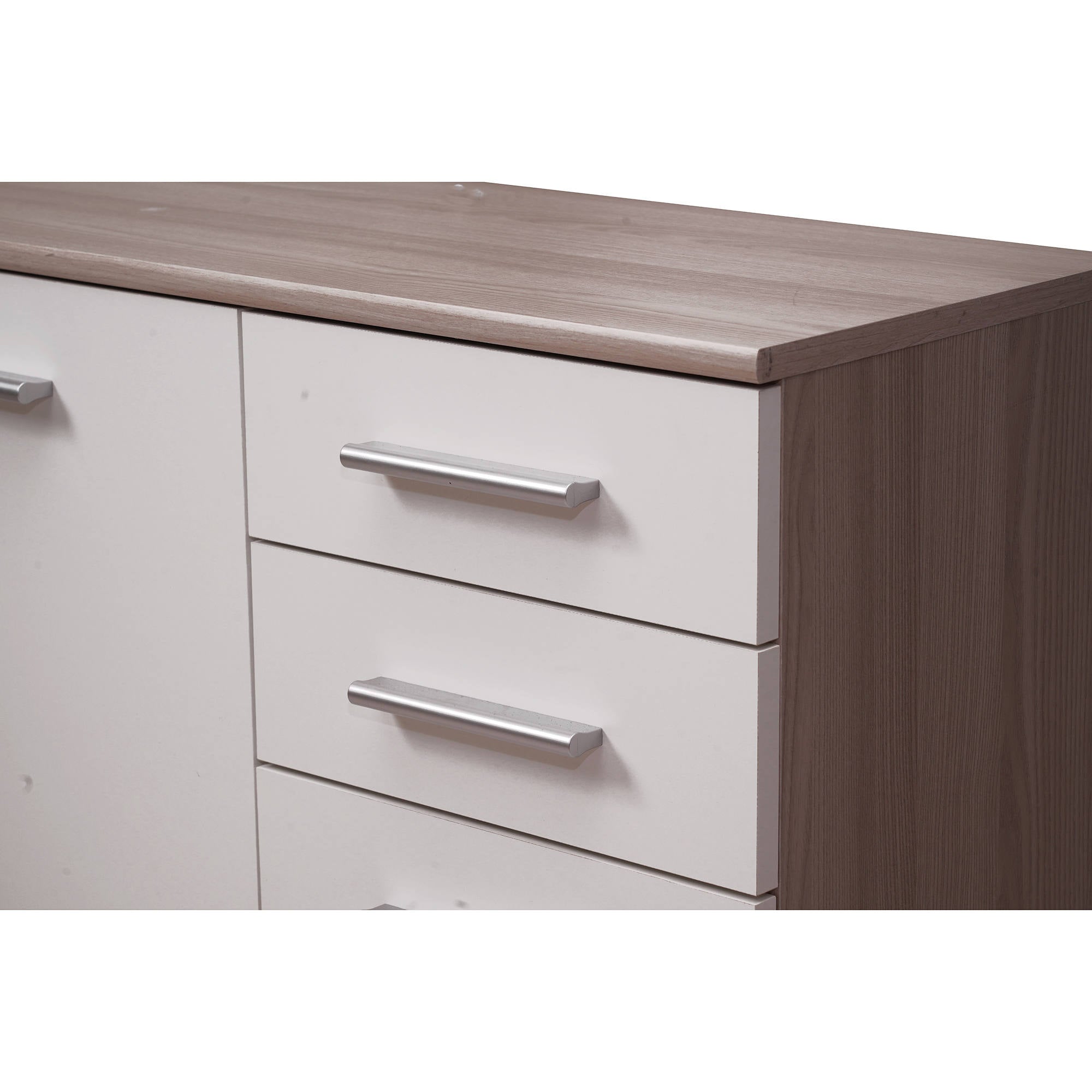 Credenza 0, Buffet moderno a 3 ante e 2 cassetti, Madia lineare con ripiani, Cm 103x35h70, Bianco e Rovere