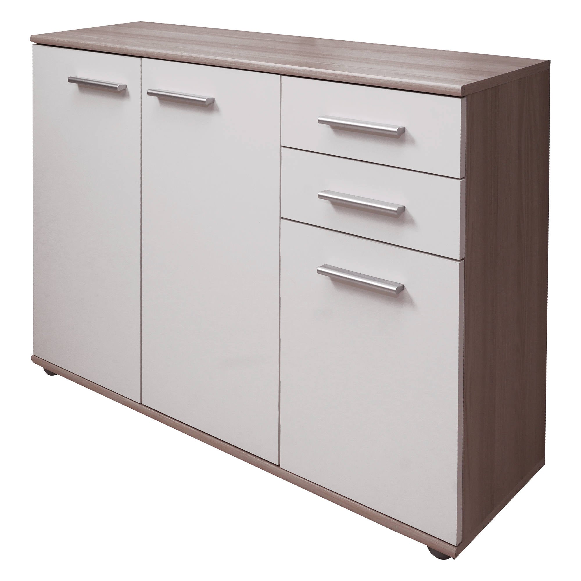 Credenza 0, Buffet moderno a 3 ante e 2 cassetti, Madia lineare con ripiani, Cm 103x35h70, Bianco e Rovere