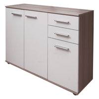 Credenza 0, Buffet moderno a 3 ante e 2 cassetti, Madia lineare con ripiani, Cm 103x35h70, Bianco e Rovere