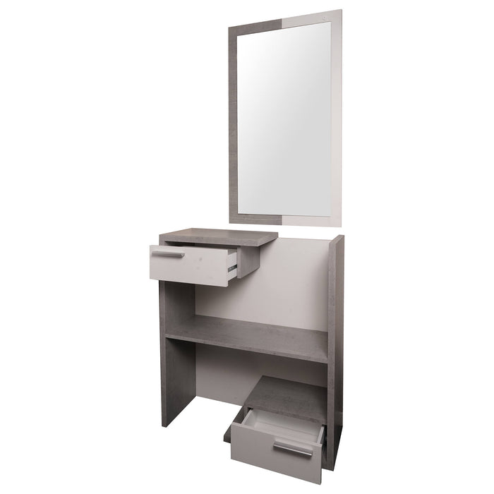 Mobile da ingresso 0, Entratina moderna con specchiera, Mobile con cassetti e ripiano, Mobile svuotatasche, Cm 80x28h170, Cemento e Bianco