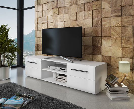 Mobile porta TV 0, Credenza moderna a ripiani, Mobile da soggiorno a 2 ante e vano a giorno, Cm 160x 40h40, Bianco