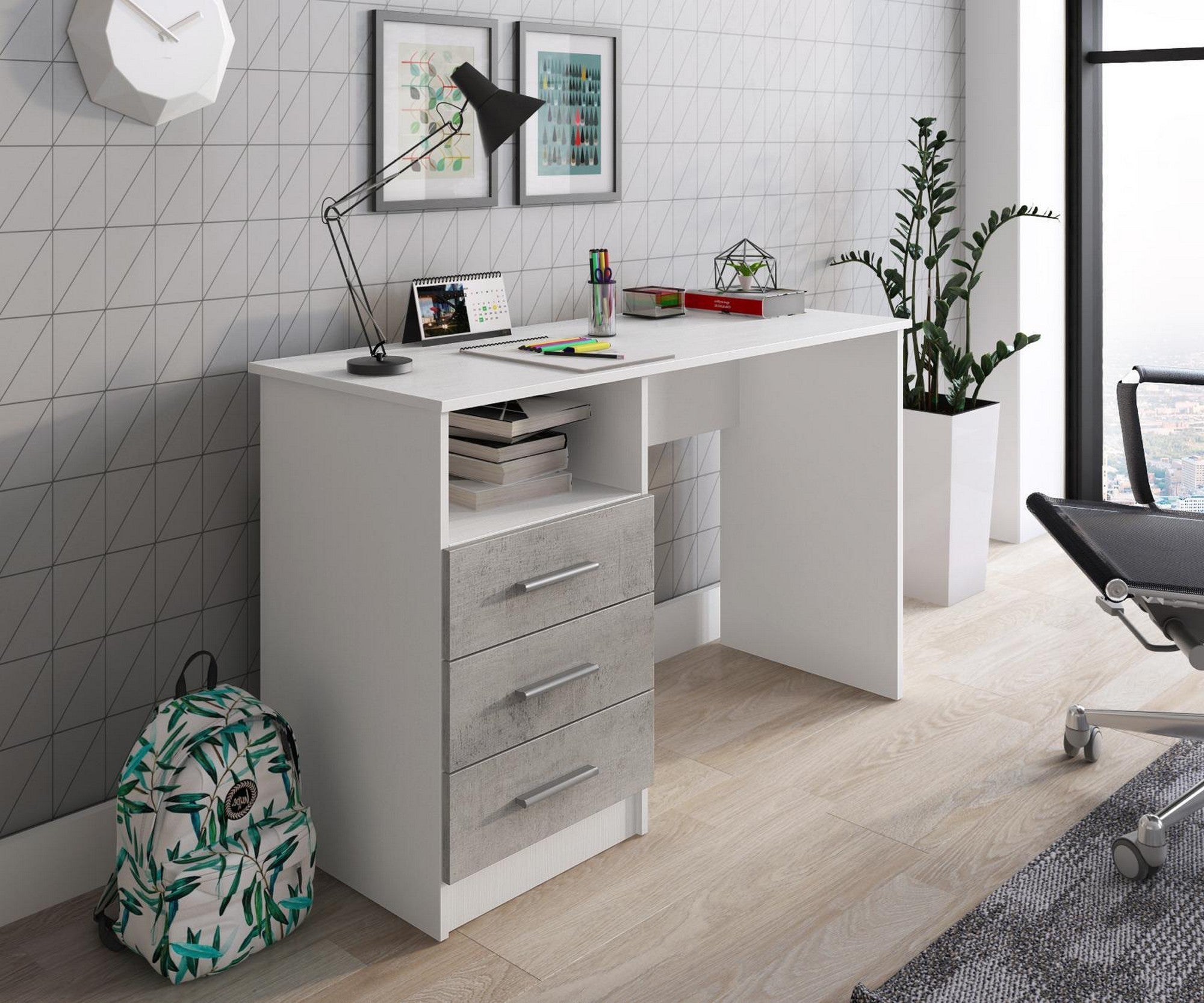 Scrivania 0, Scrittoio con cassettiera a 3 cassetti e vano a giorno, Tavolo da studio o ufficio porta PC portalibri, Cm 120x48h75, Bianco e Cemento