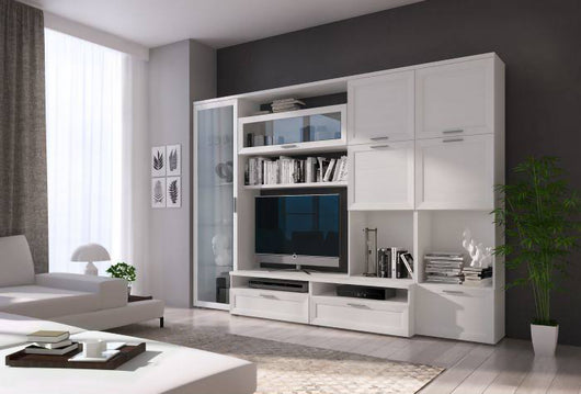 Parete attrezzata 0, Mobile porta TV moderno con Ante e ripiani, Set salotto completo con vetrinetta, Cm 300x50h215, Bianco frassinato