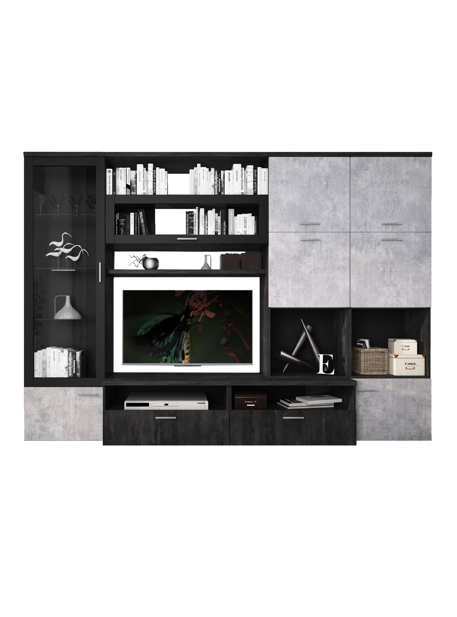 Parete attrezzata 0, Mobile porta TV moderno con Ante e ripiani, Set salotto completo con vetrinetta, Cm 300x50h215, Antracite e Cemento