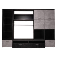 Parete attrezzata 0, Mobile porta TV moderno con Ante e ripiani, Set salotto completo con vetrinetta, Cm 300x50h215, Antracite e Cemento