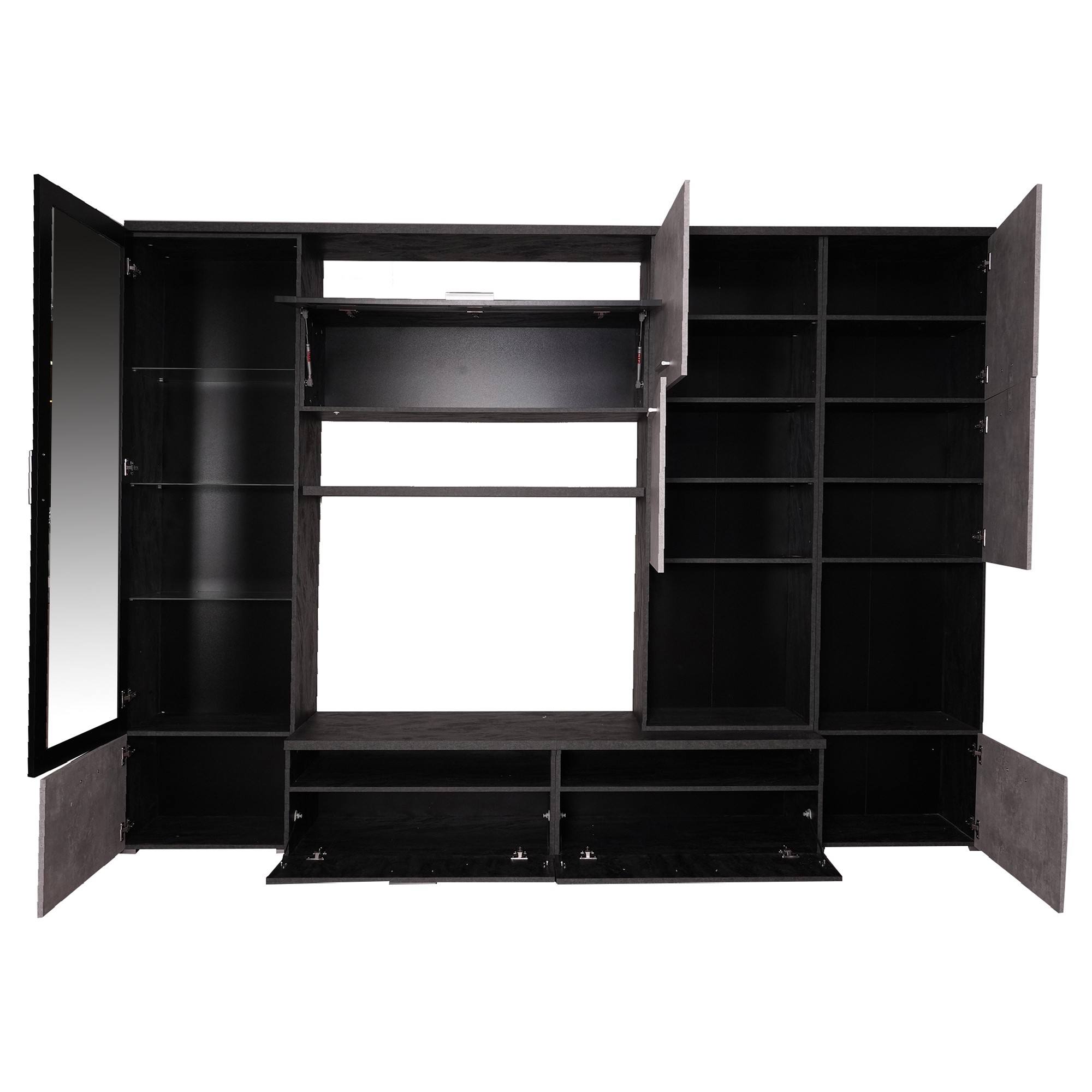 Parete attrezzata 0, Mobile porta TV moderno con Ante e ripiani, Set salotto completo con vetrinetta, Cm 300x50h215, Antracite e Cemento