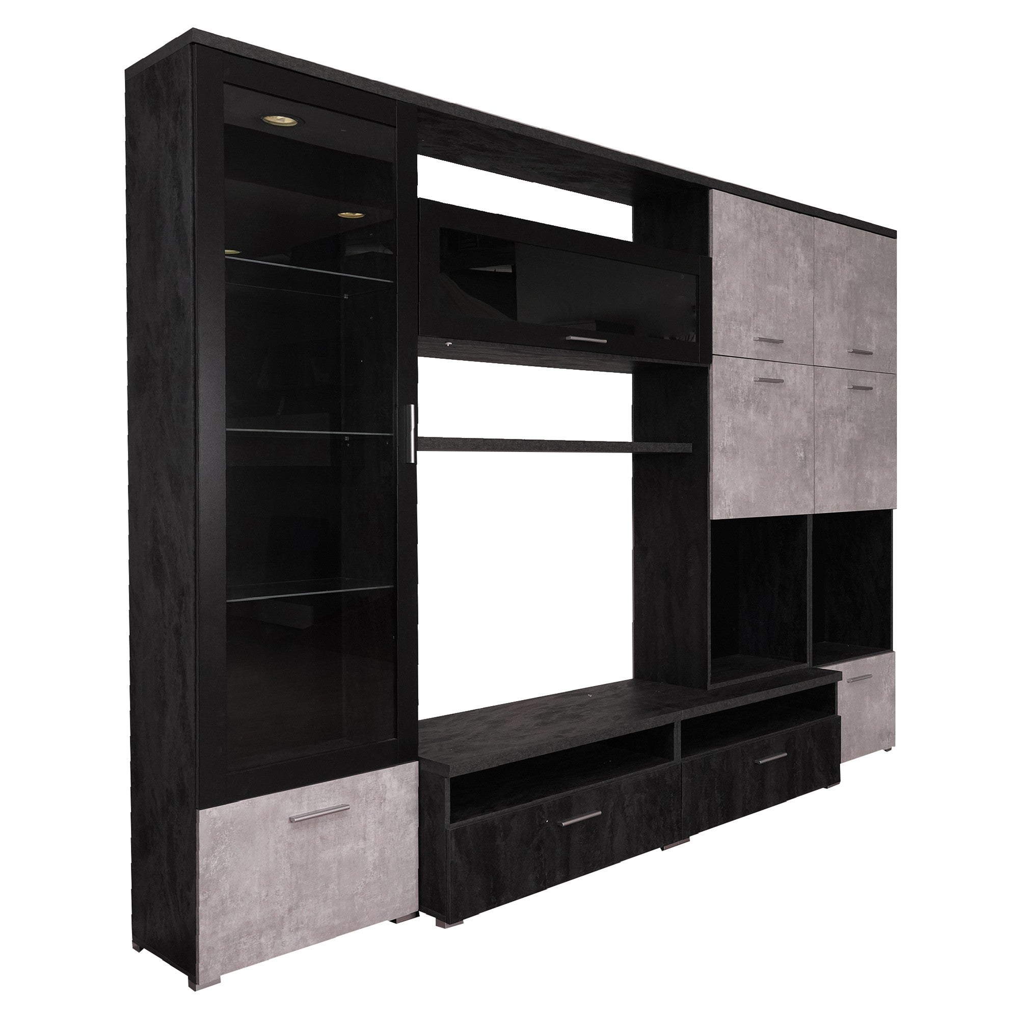 Parete attrezzata 0, Mobile porta TV moderno con Ante e ripiani, Set salotto completo con vetrinetta, Cm 300x50h215, Antracite e Cemento