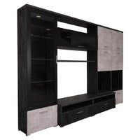 Parete attrezzata 0, Mobile porta TV moderno con Ante e ripiani, Set salotto completo con vetrinetta, Cm 300x50h215, Antracite e Cemento