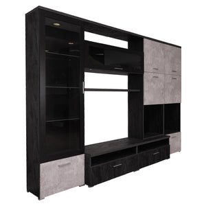 Parete attrezzata 0, Mobile porta TV moderno con Ante e ripiani, Set salotto completo con vetrinetta, Cm 300x50h215, Antracite e Cemento
