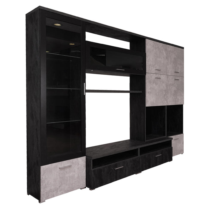 Parete attrezzata 0, Mobile porta TV moderno con Ante e ripiani, Set salotto completo con vetrinetta, Cm 300x50h215, Antracite e Cemento