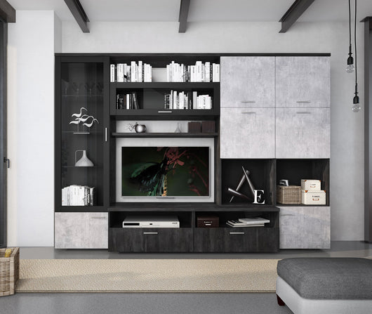 Parete attrezzata 0, Mobile porta TV moderno con Ante e ripiani, Set salotto completo con vetrinetta, Cm 300x50h215, Antracite e Cemento