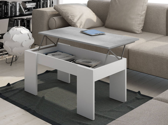Tavolino da salotto 0, Tavolino da caffÃ¨ con piano elevabile, Tavolo basso da soggiorno, mobile portariviste, Cm 100x50h45, Bianco e Cemento