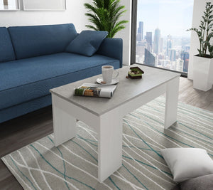 Tavolino da salotto 0, Tavolino da caffÃ¨ con piano elevabile, Tavolo basso da soggiorno, mobile portariviste, Cm 100x50h45, Bianco e Cemento