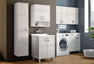 Mobile sottolavabo 0, Lavatoio con lavello, Mobile da bagno a 2 ante battenti ,Bianco e Olmo, Made in Italy, Cm 60x60h85