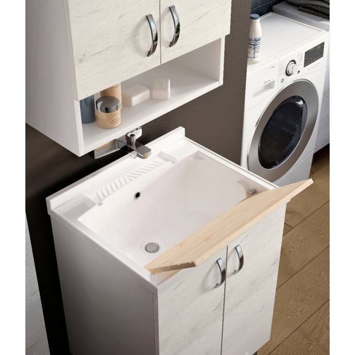 Mobile sottolavabo 0, Lavatoio con lavello, Mobile da bagno a 2 ante battenti ,Bianco e Olmo, Made in Italy, Cm 60x60h85