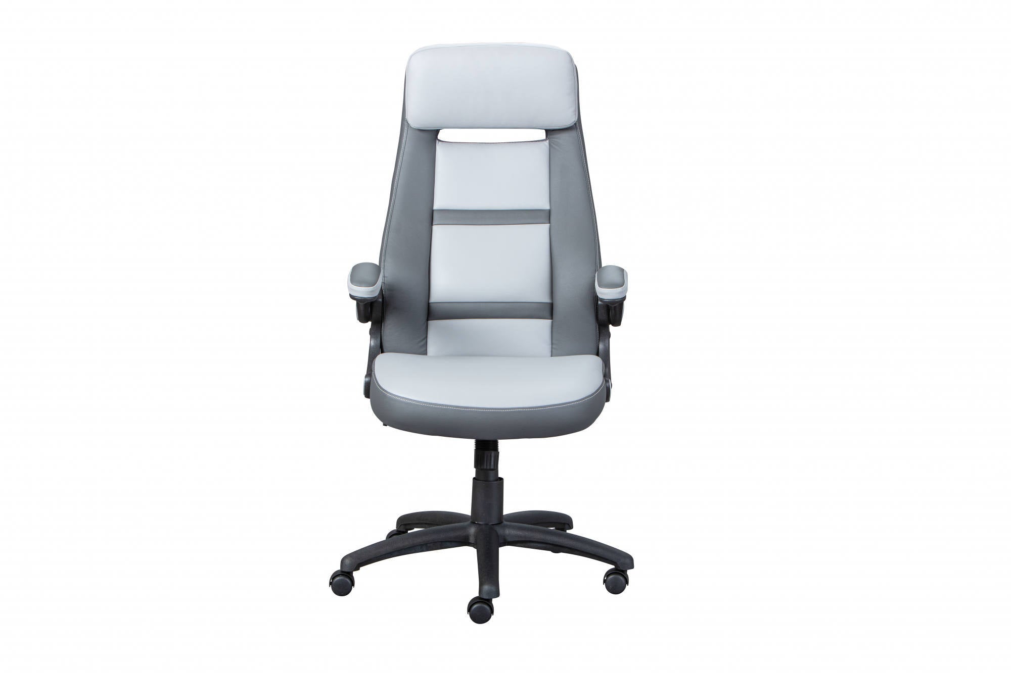 Poltrona direzionale e regolabile in altezza, in ecopelle grigio chiaro e nera, dotata di ruote e freno, 66x74x118/128 cm