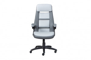 Poltrona direzionale e regolabile in altezza, in ecopelle grigio chiaro e nera, dotata di ruote e freno, 66x74x118/128 cm