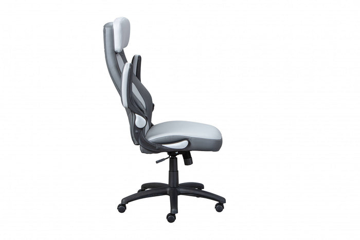 Poltrona direzionale e regolabile in altezza, in ecopelle grigio chiaro e nera, dotata di ruote e freno, 66x74x118/128 cm