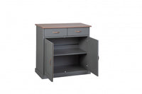 Buffet a 2 ante e 2 Dtod, in pino massello verniciato grigio con top e finiture color marrone, 90x45x86 cm